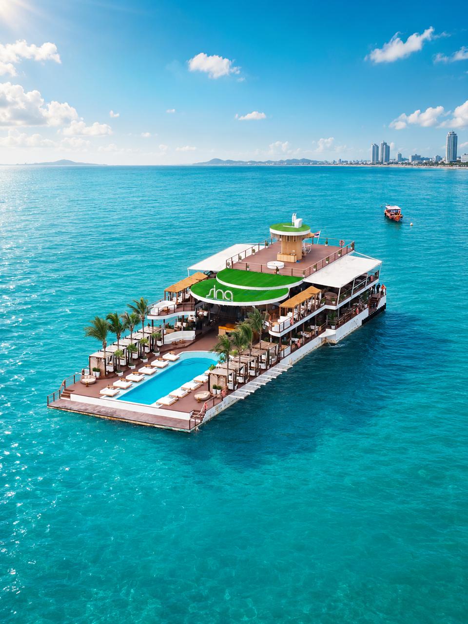 Sina floating beach club anchored off Bali Hai Pier, Pattaya — aerial view